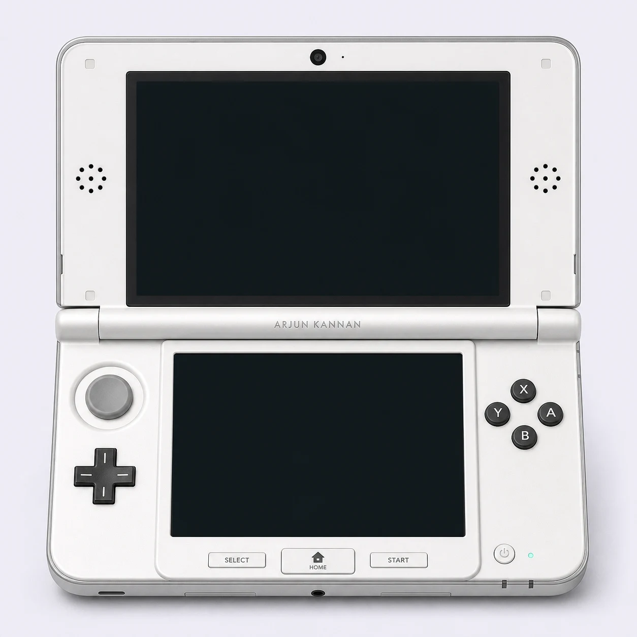 Pearl-white dual-screen handheld with Arjun Kannan engraved on its hinge